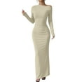 thumbnail image 1 of Zedker Fall Dress for Women 2025 Long Sleeve Maxi Formal Crew Neck Bodycon Ruched Cocktail Party Dresses Khaki Plus XL, 1 of 8