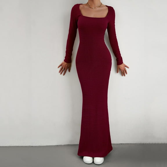 Zedker Fall Dresses for Women 2025 Corset Maxi Dress Long Sleeve Square Neck Ruched Bodycon Elegant Formal Wedding Guest Cocktail Holiday Party Dresses Plus Size Red S