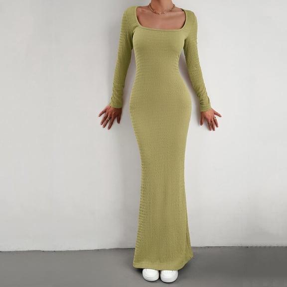 Zedker Fall Dresses for Women 2025 Corset Maxi Dress Long Sleeve Square Neck Ruched Bodycon Elegant Formal Wedding Guest Cocktail Holiday Party Dresses Plus Size Green S