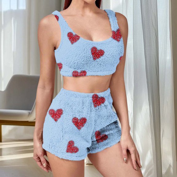 Zedker Fall Pajamas Women Flannel Fleece Pajamas Set For Women Short Sleeve Shorts Two-Piece Loungewear, Cozy Sleepwear,Light blue,XXL