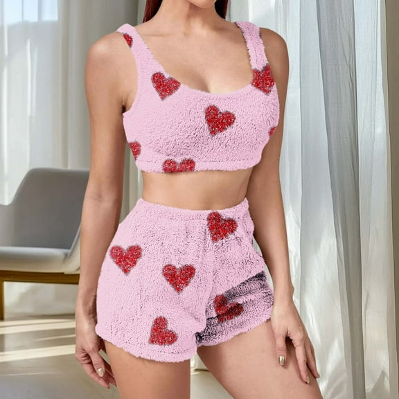 Zedker Fall Pajamas Women Flannel Fleece Pajamas Set For Women Short Sleeve Shorts Two-Piece Loungewear, Cozy Sleepwear,Pink,XL