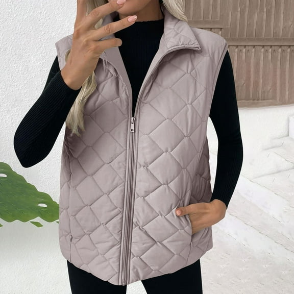 Zedker Fall Winter Inner Fleece Thermal Womens Vests Outerwear Casual Lapel Collar Sleeveless Zipper Padded Jackets with Pockets,Beige,XL