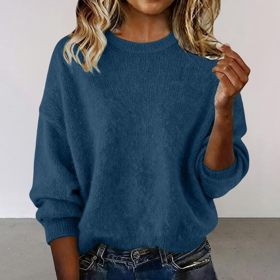 Zedker Fall and Winter Thermal Long Sleeve Shirts for Women Comfy Drop Shoulder Loose Crewneck Pullover Sweaters with Elastic Cuffs,Navy,XL