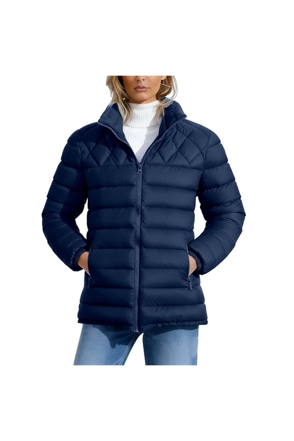 Fall and Winter Thermal Puffer Jackets for Women, Casual Stand Collar Long Sleeve Comfy Loose Zippper Coats with Pockets,Navy,M