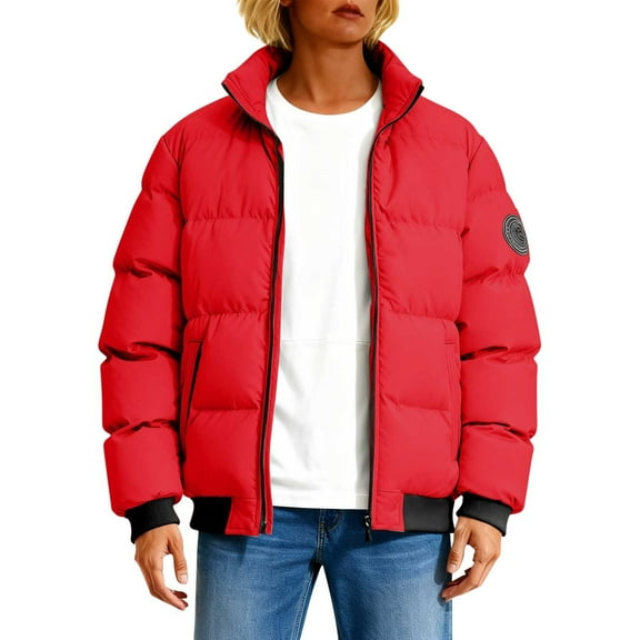 Zedker Fall and Winter Thermal Puffer Jackets for Women, Casual Stand Collar Long Sleeve Comfy Loose Zippper Coats with Pockets,Red,XXXL