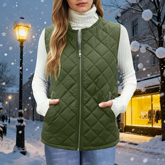 Zedker Fall and Winter Thermal Puffer Vests Women Casual Crewneck Sleeveles Comfy Zipper Padded Outwear Jackets with Pockets,Army Green,XXXL