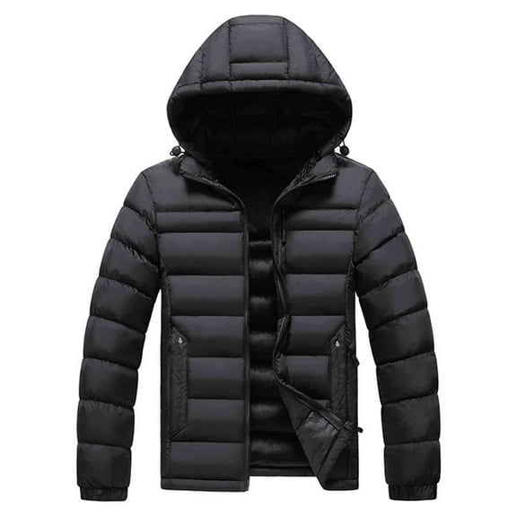 Zedker Fall and Winter Thicken Inner Fleece Thermal Mens Puffer Jackets with Pockets Casual Hooded Long Sleeve Loose Zipper Coats,Black,S
