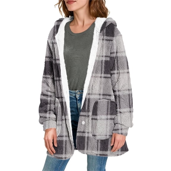 Zedker Casual Plaid Print Patterns Button Jackets for Women Loose Hooded Long Sleeve Fall and Winter Thermal Outerwear with Pockets,Gray,XXL