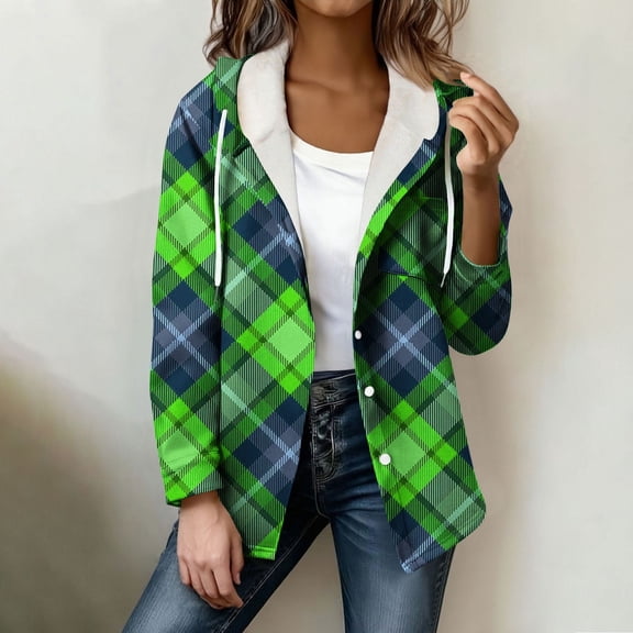 Zedker Elegant Plaid Print Patterns Jackets for Women Casual Hooded Long Sleeve Outerwear with Chest Pocket Fall Winter Thermal Coats,Green4,S
