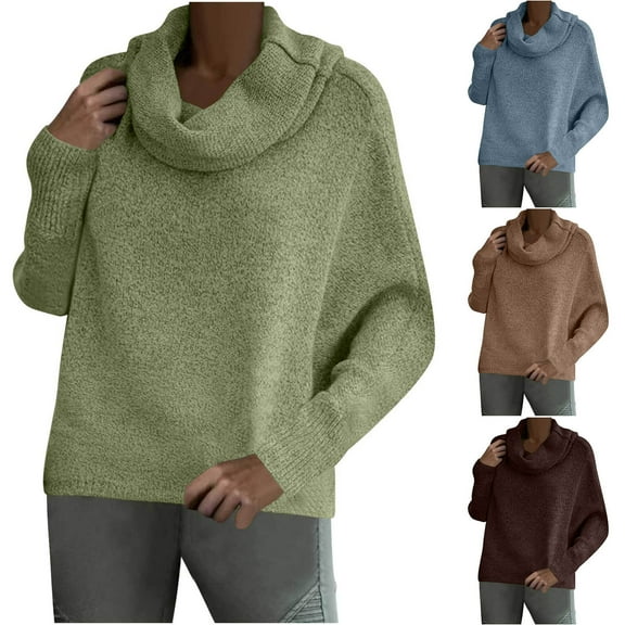 Zedker Fashion Cowl Neck Pullover Sweater for Women, Knitted Lantern Long Sleeve Casual Sweaters Oversized Loose Comfy Tops Khaki S