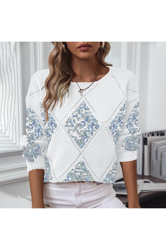 Fashion Diamond-Shaped Plaid Sequins Long Sleeve Shirts for Women, Casual Crewneck Loose Hollowed Out Pullover Sweaters,White,XXL