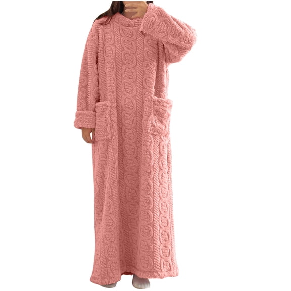 Zedker Fashion Flannel Long Nightgowns for Women Comfy Loose Elegant Loungewear Soft Fleece Thermal Womens Bathrobes with Pockets,Pink,L