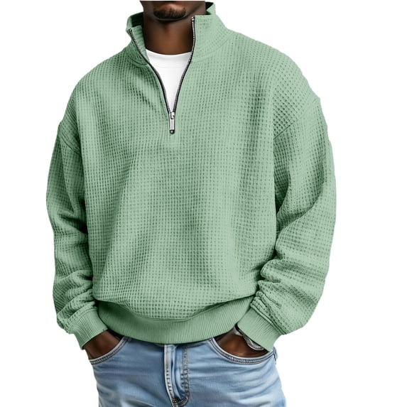 Zedker Fashion Honeycomb Knitted Casual Long Sleeve Quarter Zipper Shirts for Men Comfy Stand Collar Loose Breathable Tops,Mint Green,M