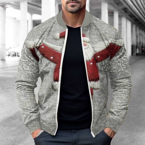 Zedker Fashion Jacket for Men Christmas Mens Bomber Jackets Printed Xmas Sweatshirt Casual Celebration Party Jackets Gray L