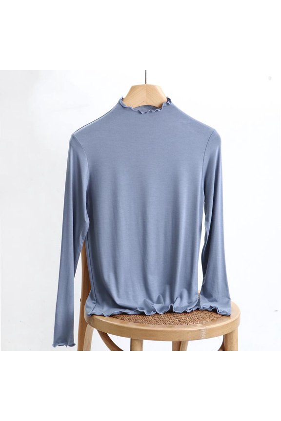 Fashion Lace Stand Collar Base Layer Shirts for Women Casual Long Sleeve Comfortable Elastic Thermal Tops for Fall and Winter,Light Blue,XXL