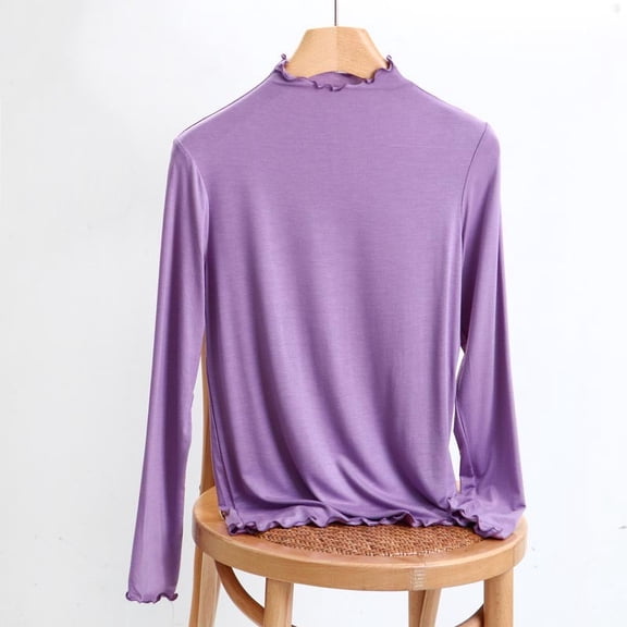 Zedker Fashion Lace Stand Collar Base Layer Shirts for Women Casual Long Sleeve Comfortable Elastic Thermal Tops for Fall and Winter,Purple,L