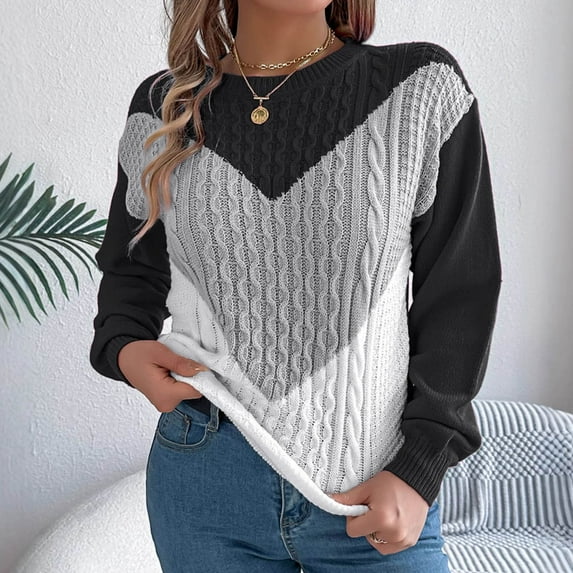 Zedker Fashion Multicolor Printed Casual Crewneck Long Sleeve Knitted Sweaters for Women , Comfy Pullover Thermal Fall Clothes,Gray,L