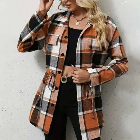 Zedker Fashion Plaid Patterns Casual Lapel Collar Long Sleeve Womens Fleece Jackets with Fake Pocket, Comfy Waist Drawstring Button Outerwears,Orange,XXL