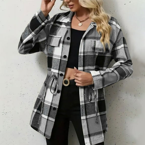 Zedker Fashion Plaid Patterns Casual Lapel Collar Long Sleeve Womens Fleece Jackets with Fake Pocket, Comfy Waist Drawstring Button Outerwears,Gray,M