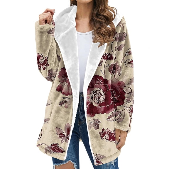 Zedker Fashion Print Patterns Double-Sided Fleece Womens Tops Casual Loose Hooded Long Sleeve Winter Thermal Jackets,Coffee,S