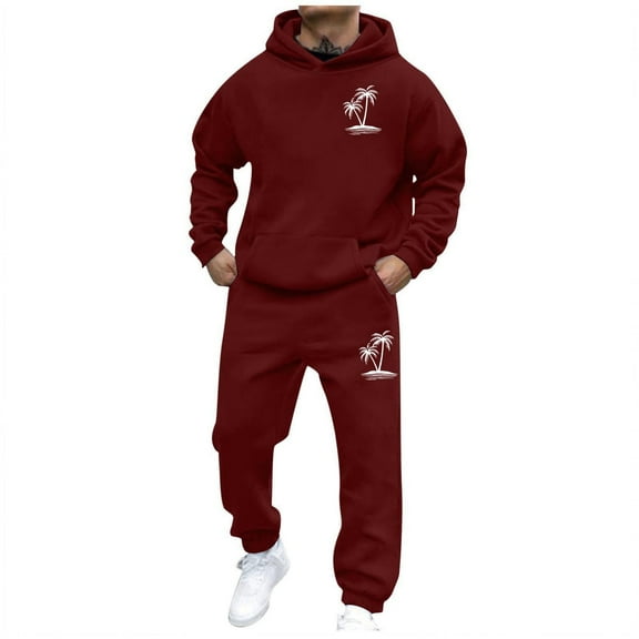 Zedker Fashion Print Patterns Loose Sweatsuits 2 Piece Outfits Casual Hooded Long Sleeve Sweatshirt and Elastic Waist Jogger Long Sweatpant,Wine,L