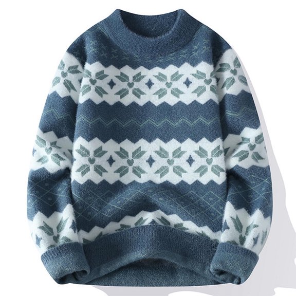 Zedker Fashion Prints Casual Crewneck Long Sleeve Thermal Knitted Womens Sweaters for Fall and Winter Comfy Loose Pullover Tops,Blue,XXL