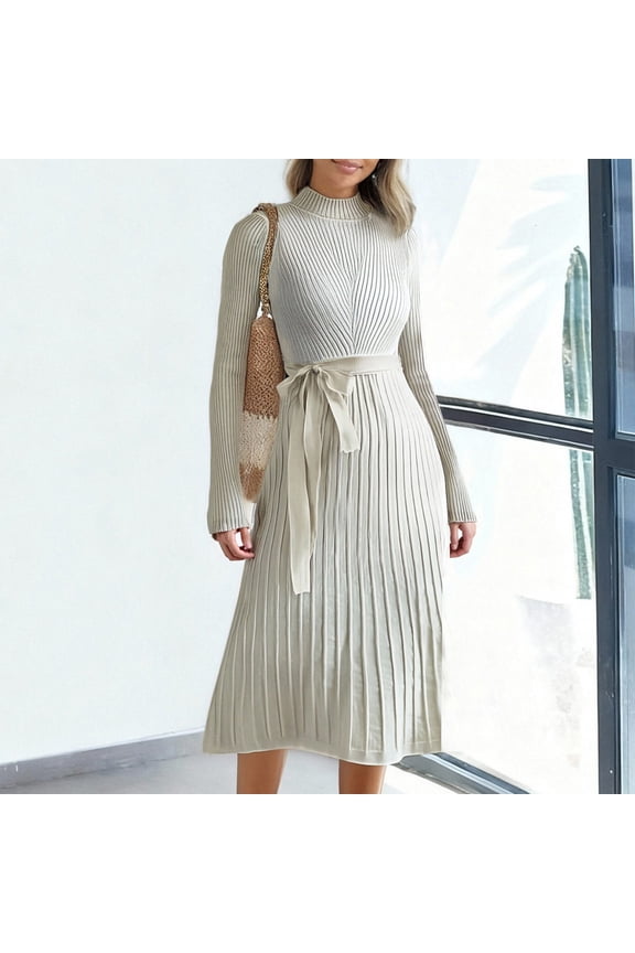 Fashion Ribbed Knitted Elastic Sweater Dress for Women, Round Neck Long Sleeve Loose Midi Dress with Waist Drawstring,White,M