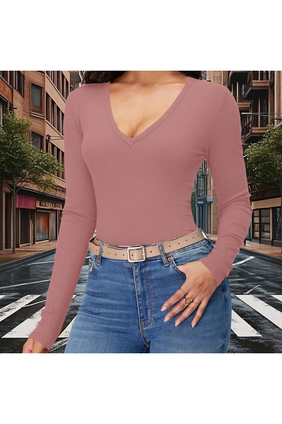 Fashion Ribbed Knitted Shirts for Women Casual Deep V-Neck Long Sleeve Tunic Tops Comfy Stretchy Base Layer Blouses,Coffee,M