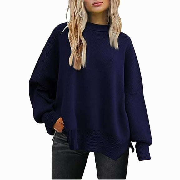 Zedker Fashion Side Slit Casual Round Neck Long Sleeve Knnited Pullover Sweatshirts for Women,Comfy Loose Hoodies with Elastic Cuffs,Dark Blue,XL