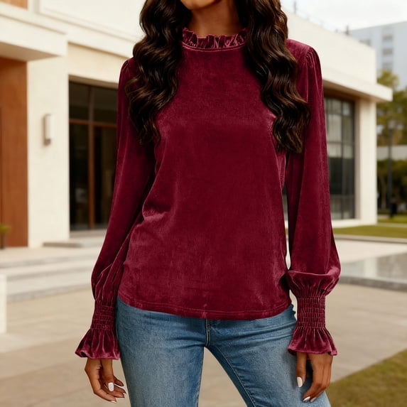 Zedker Fashion Soft Velvet Round Neck Casual Long Sleeve Shirts for Women Comfy Loose Thermal Pullover Tops for Fall and Winter,Wine,XXXXL