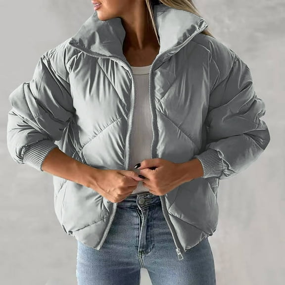 Zedker Fashion Stand Collar Casual Long Sleeve Zipper Puffer Jackets with Pockets, Comfortable Thick Thermal Outerwears for Winter,Gray,L