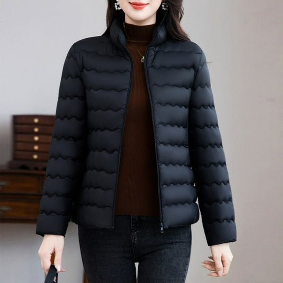 Zedker Fashion Stand Collar Long Sleeve Casual Zipper Winter Jackets for Women, Comfortable Puffer Thicken Thermal Outerwears,Black,XXL