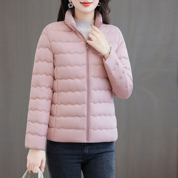 Zedker Fashion Stand Collar Long Sleeve Casual Zipper Winter Jackets for Women, Comfortable Puffer Thicken Thermal Outerwears,Pink,XL