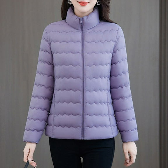 Zedker Fashion Stand Collar Long Sleeve Casual Zipper Winter Jackets for Women, Comfortable Puffer Thicken Thermal Outerwears,Purple,XXL