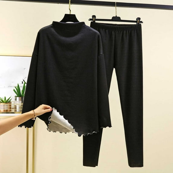 Zedker Fashion Stand Collar Long Sleeve Shirt and Elastic Waist Taper-Leg Pant Comfy Soft Fleece Stretchy Thermal Pajamas for Women Set,Black,L