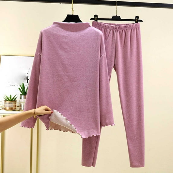 Zedker Fashion Stand Collar Long Sleeve Shirt and Elastic Waist Taper-Leg Pant Comfy Soft Fleece Stretchy Thermal Pajamas for Women Set,Purple,M