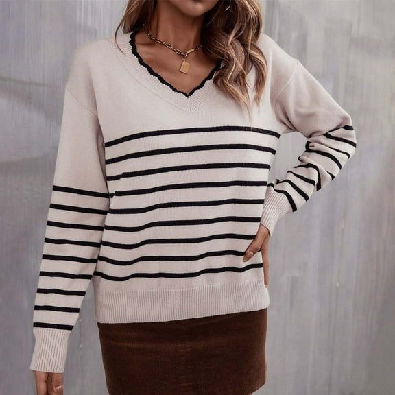 Zedker Fashion Striped Casual V-Neck Long Sleeve Pullover Knitted Sweaters for Women, Comfy Elastic Cuffs Outfits for Fall and Winter,Khaki,XL
