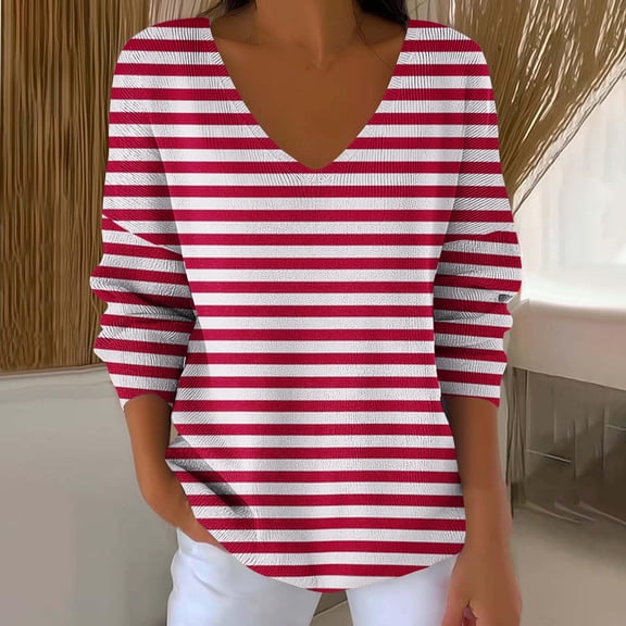 Zedker Fashion Striped Printed Casual V-Neck Shirts for Women,Comfy Long Sleeve Loose Blouses ,Versatile Pullover Tops for Spring and Fall,Red,L