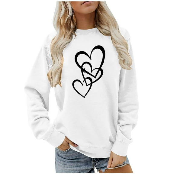 Zedker Fashionable Heart-Shaped Prints womens Sweatshirt Casual Crewneck Long Sleeve Fall and Winter Thermal Pullover Tops,White,S