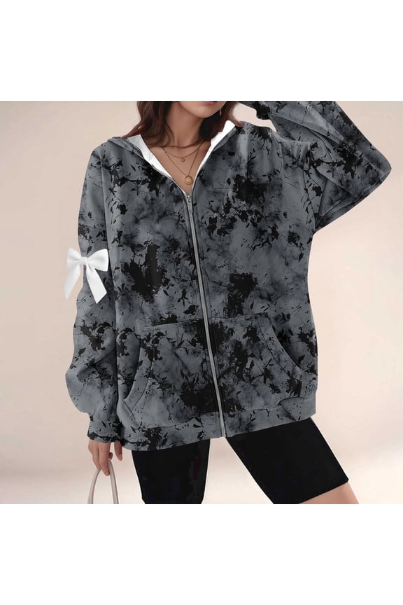Fashionable Prints Fall and Winter Casual Hooded Long Sleeve Women's Comfy Zipper Arm Bowknot Thermal Jackets with Kangaroo Pocket,Black,S