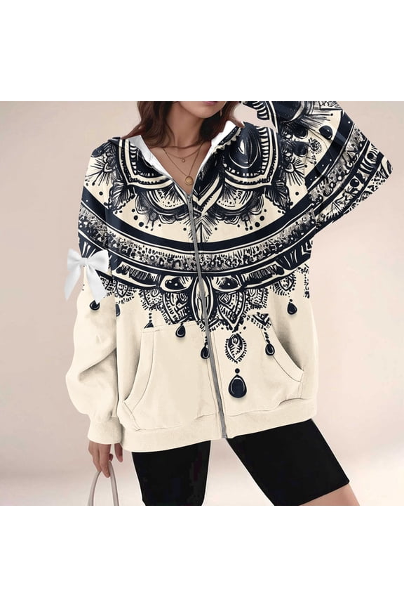 Fashionable Prints Fall and Winter Casual Hooded Long Sleeve Women's Comfy Zipper Arm Bowknot Thermal Jackets with Kangaroo Pocket,Black,S