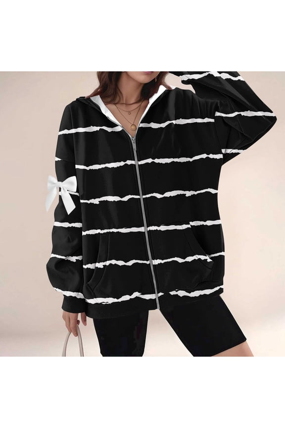 Fashionable Prints Fall and Winter Casual Hooded Long Sleeve Women's Comfy Zipper Arm Bowknot Thermal Jackets with Kangaroo Pocket,Black,S