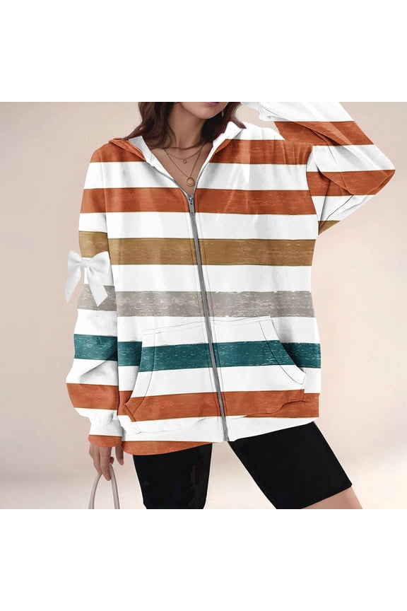 Fashionable Prints Fall and Winter Casual Hooded Long Sleeve Women's Comfy Zipper Arm Bowknot Thermal Jackets with Kangaroo Pocket,Coffee,S