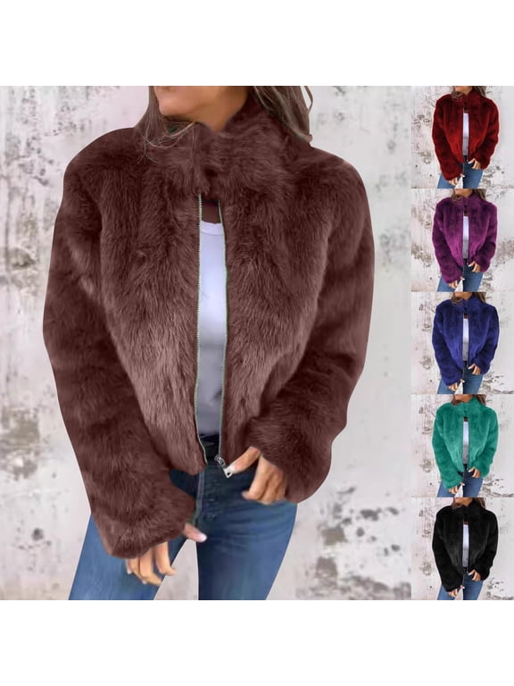 Faux Fur Jacket Women High Collar Fur Zipper Casual Jacket Winter Fuzzy Cropped Jacket Furry Sherpa Fleece Teddy Coat