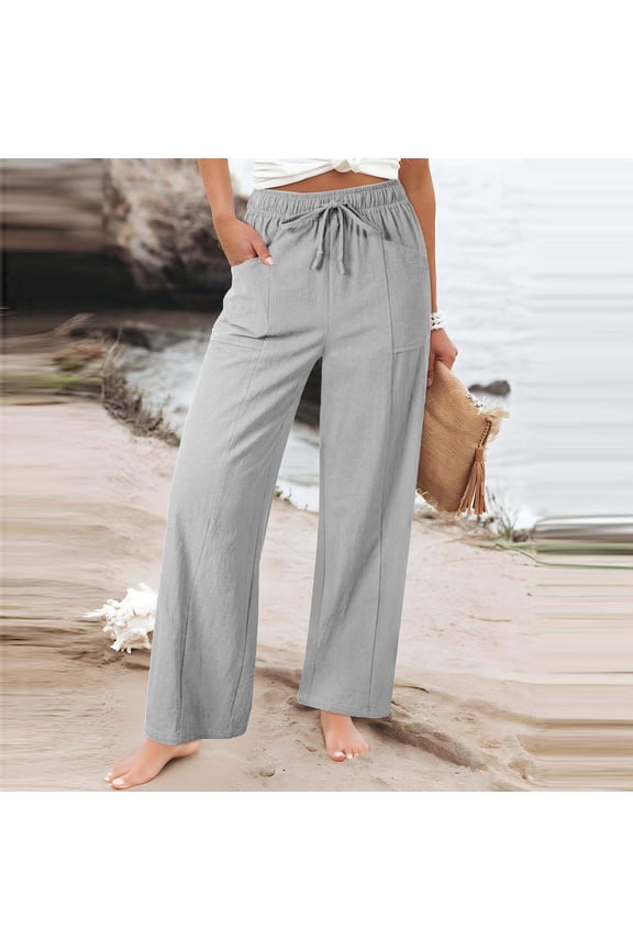 Flax Mixture Elastic Waist Pants for Women Casual Straight-Leg Drawstring Loose Summer Breathable Long Pants with Pockets,Gray,XXL