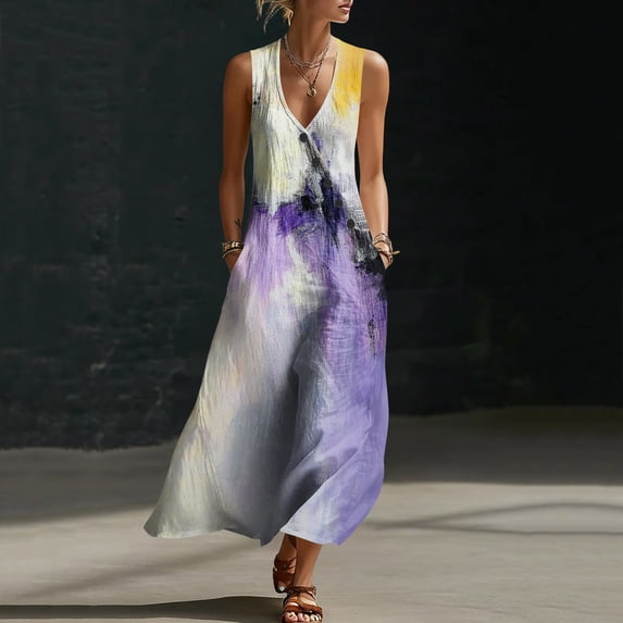 Zedker Floral Women's Maxi Dresses Sleeveless V Neck Long Dress Beach Sundresses Swing Dress Multicolor L