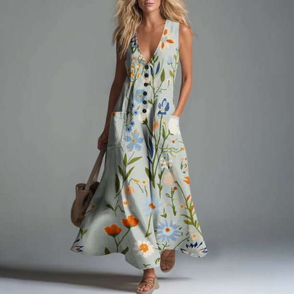Zedker Floral Women's Maxi Dresses Sleeveless V Neck Long Dress Beach Sundresses Swing Dress Multicolor M