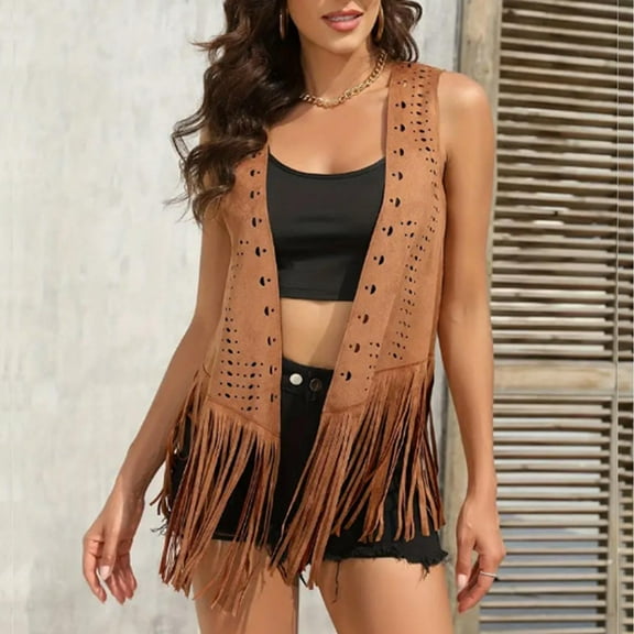 Zedker Fringe Tops for Women Western Shirts 70S Hippie Open Front Faux Suede Tassel Cardigan Jacket Long Vest Disco Cowgirl Outfit Brown Plus XL