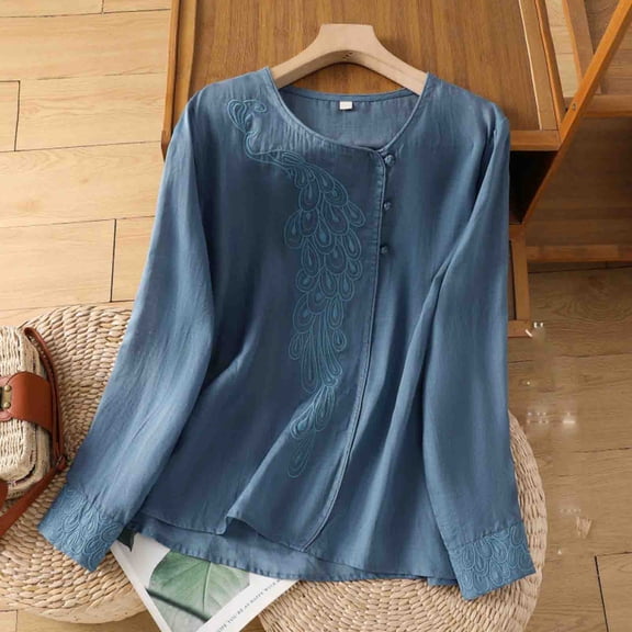 Zedker Hanfu Shirts for Women Linen Casual Loose Long Sleeve V Neck Chinese Traditional Tops Blue Plus M