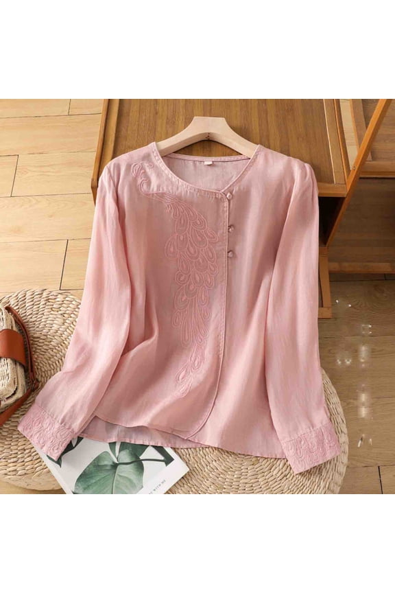 Zedker Hanfu Shirts for Women Linen Casual Loose Long Sleeve V Neck Chinese Traditional Tops Pink Plus XL